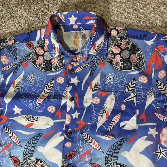 Tropical Bros Shirt Mens Medium Blue Hawaiian Button Up Short Sleeve Stretch - Picture 2 of 8